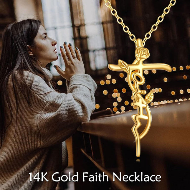 14K Gold Rose Flower Cross Pendant Necklaces Christian s for Women