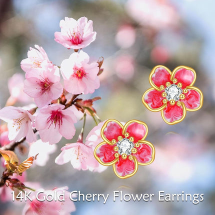 14K Gold 14K Gold Red Enamel Floral Stud Earrings with Crystal Accents - Gifts for Her