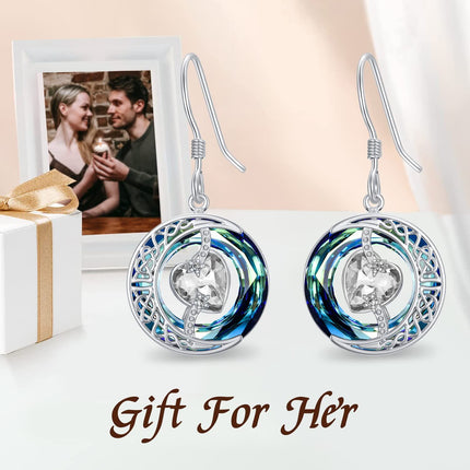 925 Sterling Silver Purple Heart & Blue Swarovski Crystals Round Drop Earrings for Women