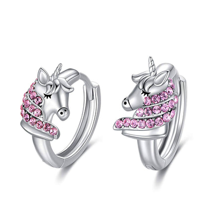 925 Sterling Silver Pink Crystal Unicorn Huggie Hoop Earrings for Girls and Women's Gifts