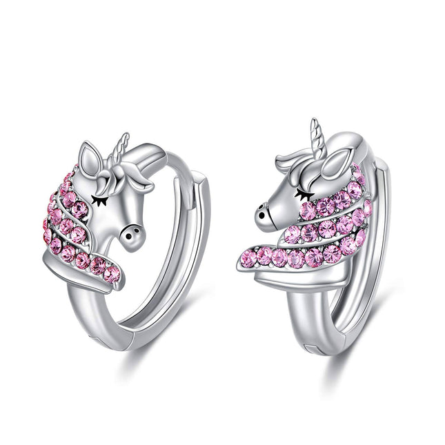 925 Sterling Silver Pink Crystal Unicorn Huggie Hoop Earrings for Girls and Women's Gifts