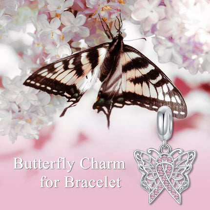 Sterling Silver & Pink Austrian Crystals Butterfly Pink Ribbon Charm for Pandora Bracelets 12.2x13.9mm