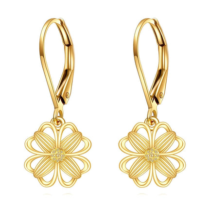 Gold 14K Flower Filigree Heart Dangle Drop Leverback Earrings for Women - Christmas Gift Ideas