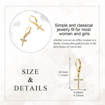 14K Gold Religious Cross Dangle Earrings - Christian Baptism Communion Gift for Women