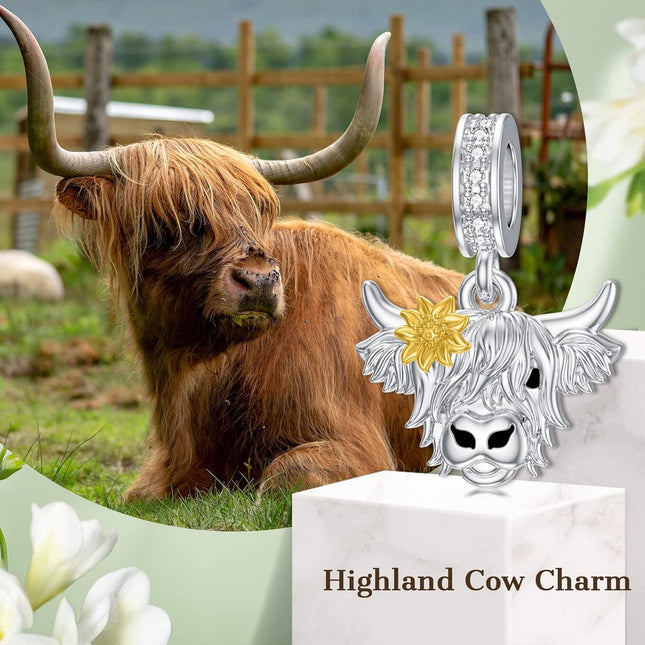 925 Sterling Silver Highland Cow Pendant Charm with Flower Accents for Bracelet Necklace Crafting Supplies Jewelry Making DIY Gifts 38x46mm