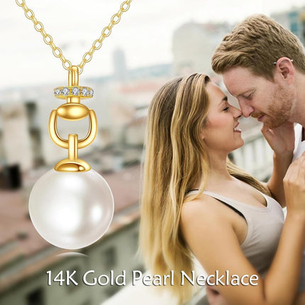 14K Gold White Pearl Pendant Necklace with Cubic Zirconia Chain for Women Elegant Fine s