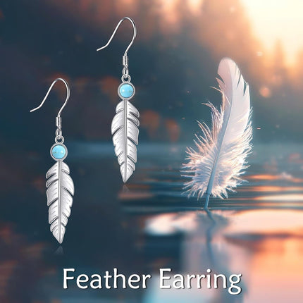 925 Sterling Silver Feather Turquoise Drop Earrings for Women Girls