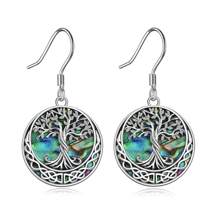 925 Sterling Silver Abalone Shell Celtic Tree Of Life Drop Earrings
