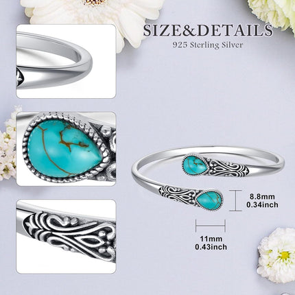 925 Sterling Silver Turquoise Gemstone Carved Adjustable Bohemian Cuff Bracelet