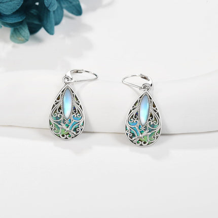 925 Sterling Silver Abalone Shell Dragonfly Filigree Teardrop Dangle Leverback Earrings