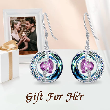 925 Sterling Silver Purple Heart & Blue Swarovski Crystals Round Drop Earrings for Women