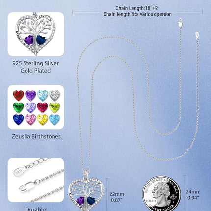 S925 Sterling Silver White Gold Plated 1Ct Amethyst & 1Ct Sapphire Tree of Life Heart Pendant Necklace for Women