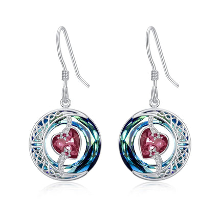 925 Sterling Silver Purple Heart & Blue Swarovski Crystals Round Drop Earrings for Women