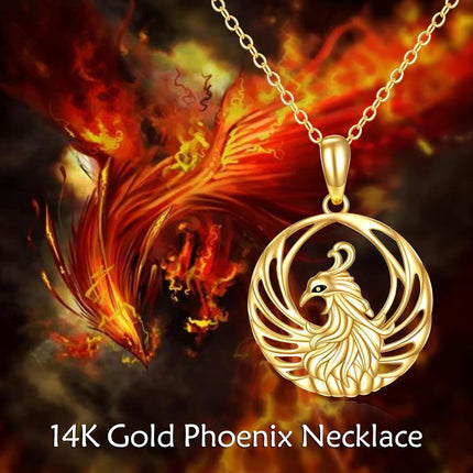 14K Gold Round Cutout Phoenix Bird Charm Pendant Necklace for Women and Girls