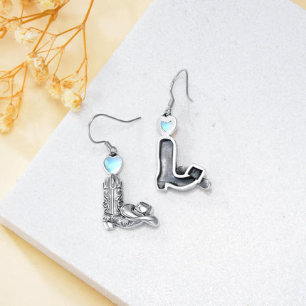925 Sterling Silver Cowboy Boot & Hat Dangle Earrings with Heart Charm