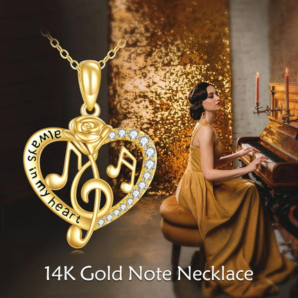 14K Gold Heart Rose Musical Notes Pendant Necklace with Cubic Zirconia for Women Girls Mother's Day Gift
