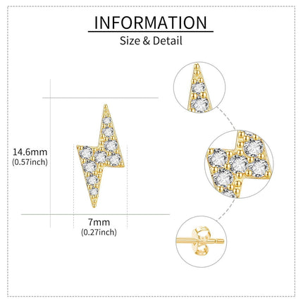 14K Gold Lightning Bolt CZ Stud Earrings for Women Girls