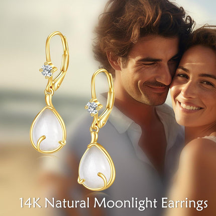 14K Gold Moonstone Teardrop Leverback Earring for Women's Fashion s