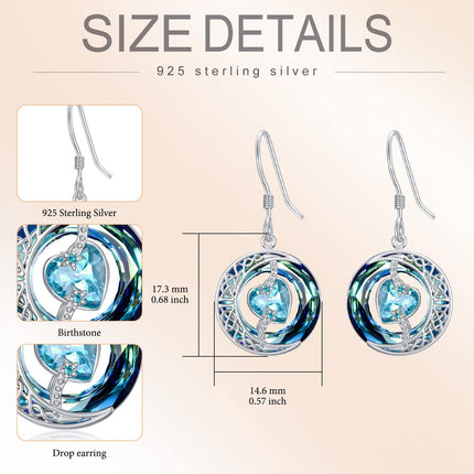 925 Sterling Silver Purple Heart & Blue Swarovski Crystals Round Drop Earrings for Women