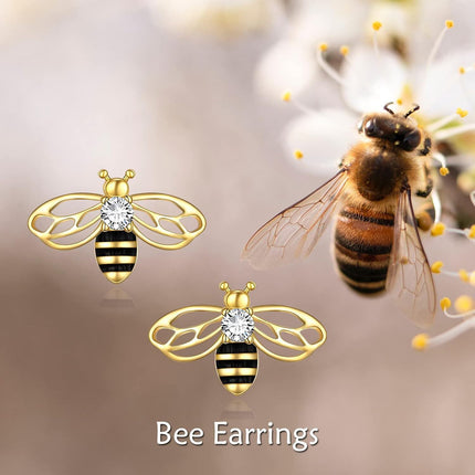 925 Sterling Silver Honeybee Stud Earrings with Black Enamel and Cubic Zirconia for Women