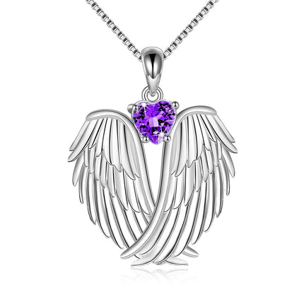 925 Sterling Silver Birthstone Angel Wings Pendant Necklace
