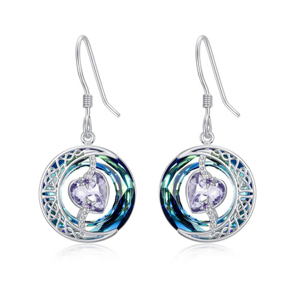 925 Sterling Silver Purple Heart & Blue Swarovski Crystals Round Drop Earrings for Women
