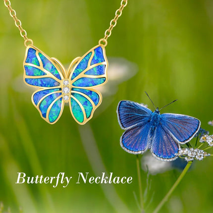 14K Gold Blue Opal Butterfly Pendant Necklaces for Women Minimalist s
