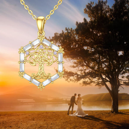 14K Gold White Cubic Zirconia Tree Of Life Pendant Necklace For Women