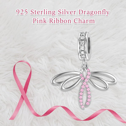 925 Sterling Silver Dragonfly Pink Ribbon Dangle Charm Bead for Pandora Style Bracelets Jewelry Making Supplies (Pink)