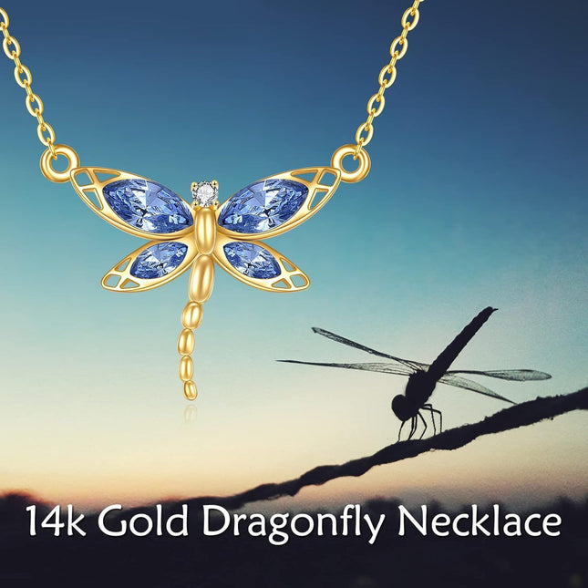 14K Gold Blue Crystal Dragonfly Butterfly Pendant Necklace for Women