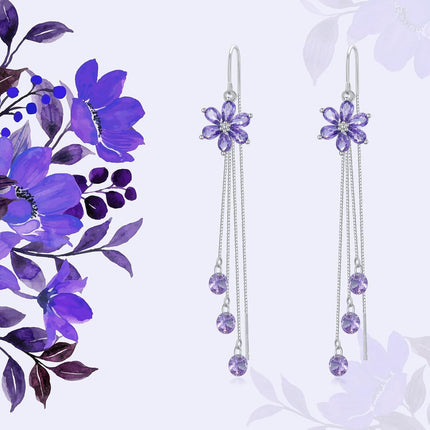 925 Sterling Silver Cubic Zirconia Drop Earrings w/ Purple Flowers & Butterflies