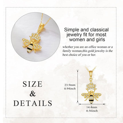 14K Gold Queen Bee Pendant Necklace with Crystal Crown and Honeycomb Design for Women's s