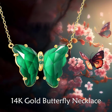 14K Gold Butterfly Green Crystal Pendant Necklace 18 Chain s for Her