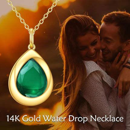 14K Gold Green Emerald Teardrop Pendant Necklace for Women Birthdays Gifts
