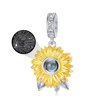 925 Sterling Silver Sunflower Pendant with I Love You Projection Charm Bracelet for Women