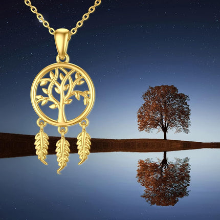 14K Gold Tree of Life Dreamcatcher Feather Pendant Necklace for Women