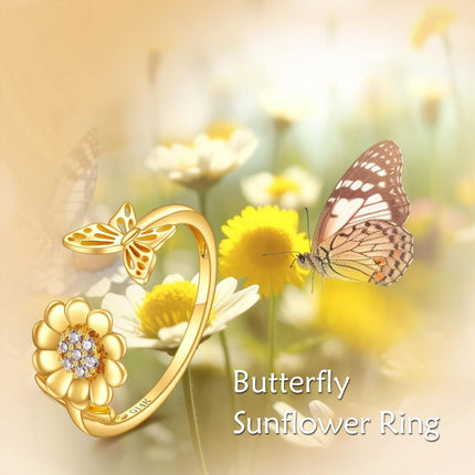 14K Gold Adjustable Bee and Daisy Flower Open Ring  for Women Her
