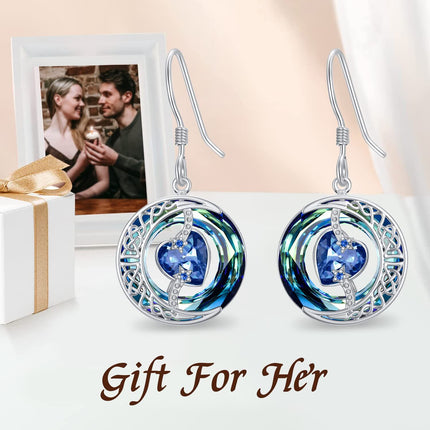 925 Sterling Silver Purple Heart & Blue Swarovski Crystals Round Drop Earrings for Women