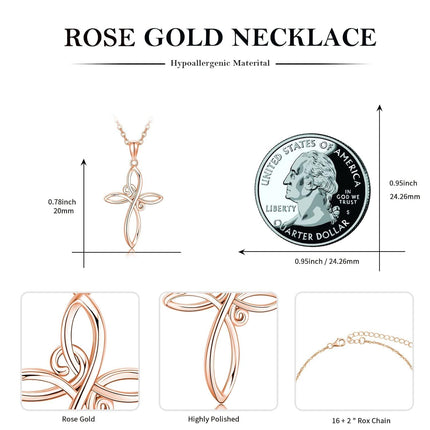 14K Rose Gold Celtic Knot Cross Pendant Necklace for Women with Chain - Length: 37cm (Adjustable)
