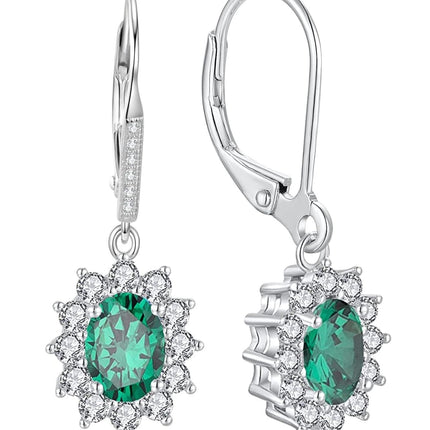 925 Sterling Silver Oval Cut Birthstone Dangle Leverback Earrings for Women Mom