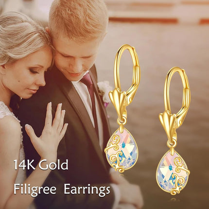 14K Gold Sun & Moon Filigree Teardrop Dangle Leverback Earrings