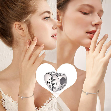 925 Sterling Silver Heart Best Friend Charm Bead Bracelet Pendant Necklace Gift for Women Girls DIY Jewelry Making Supplies Accessories 6mm Hole Size (Set of 4)