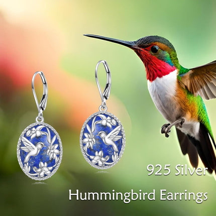 925 Sterling Silver Gold-Plated Blue Lapis Lazuli Hummingbird & Flower Drop Earrings