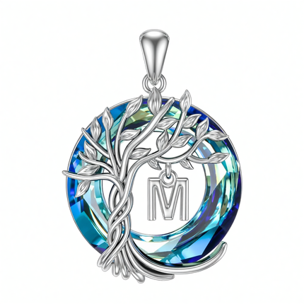 925 Sterling Silver Blue Crystal Tree of Life Initial Necklace Family Letter Pendant Birthday Mother s Day Gifts for Her