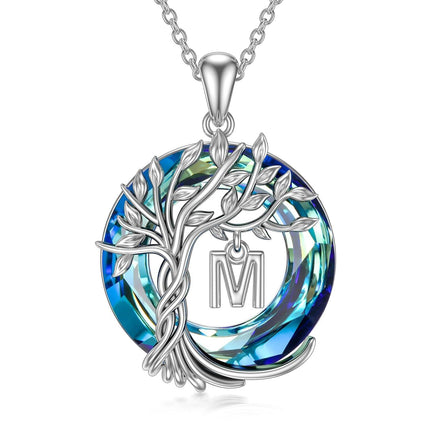 925 Sterling Silver Blue Crystal Tree of Life Initial Necklace Family Letter Pendant Birthday Mother s Day Gifts for Her