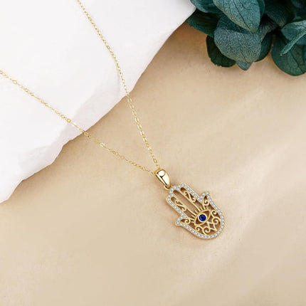 14K Gold Evil Eye Hamsa Pendant Necklace with Cubic Zirconia and Chain for Women