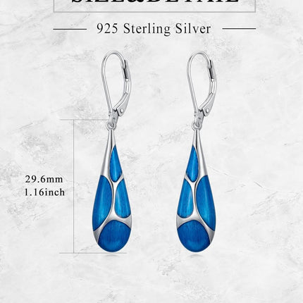 925 Sterling Silver Blue Enamel Tear Drop Leverback Earrings for Women Gift Ideas
