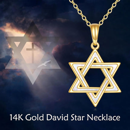14K Yellow Gold White Opal Star of David Necklace Pendant  for Women
