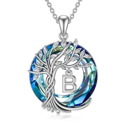 925 Sterling Silver Blue Crystal Tree of Life Initial Necklace Family Letter Pendant Birthday Mother s Day Gifts for Her