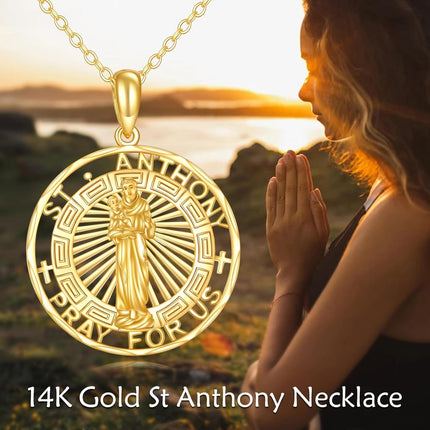 14K Gold Saint Anthony Religious Protection Pendant Necklace for Men & Women